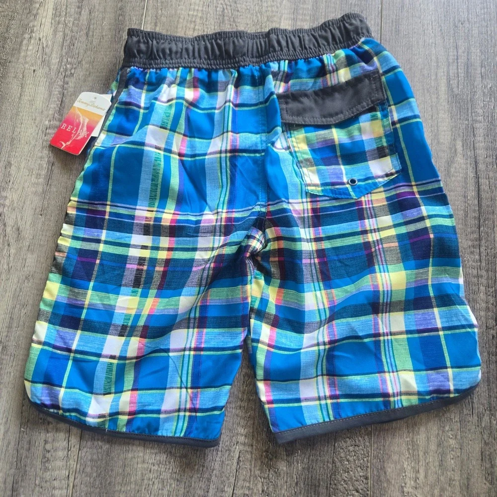 Tommy Bahama Boys Blue Green‎ Plaid Swim Trunks Board Shorts Size Medium NWT